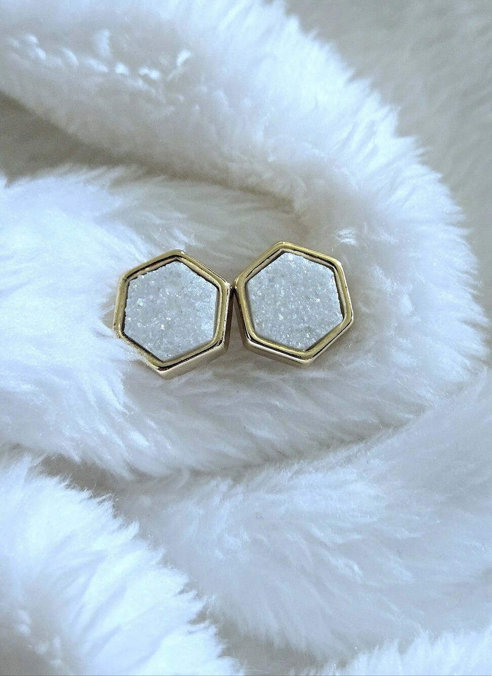 Luna🌙 Norte White Druzy Quartz Hexagon Earrings - Picture 8 of 16